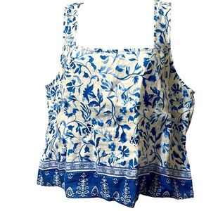 Joie Blue White Floral 100% Linen Sleeveless Pullover Top Blouse sz M New